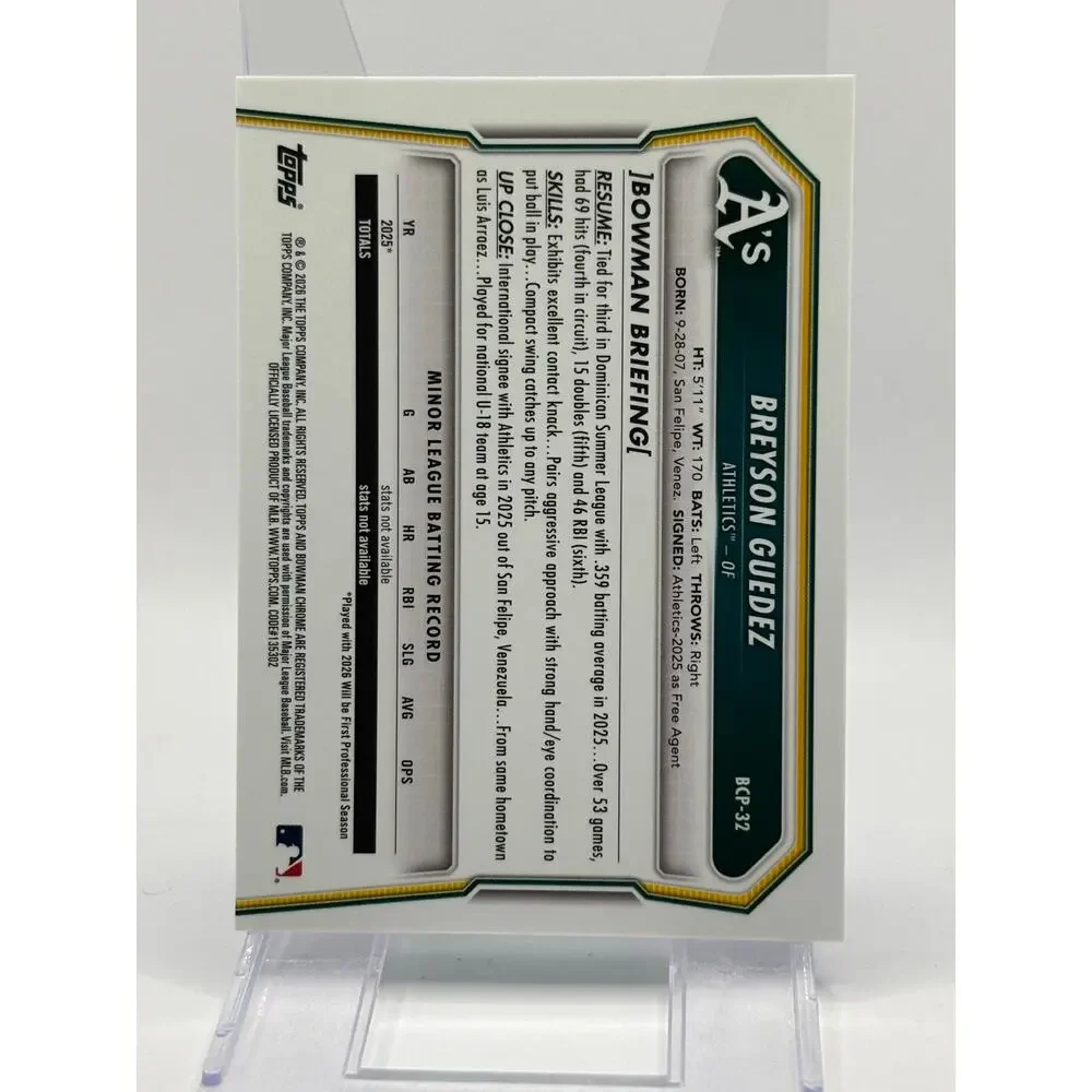 2026 Bowman Sapphire Breyson Guedez 1st Chrome Prospect Oakland Athletics